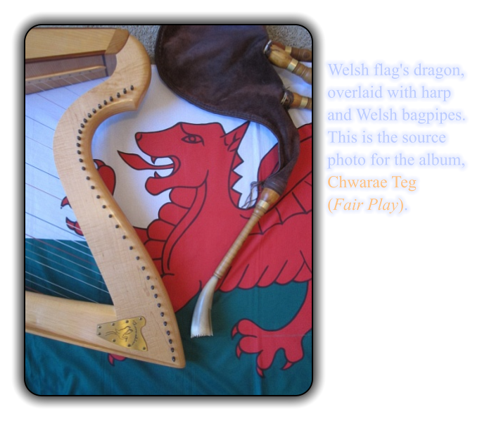 Welsh flag's dragon,  overlaid with harp  and Welsh bagpipes.   This is the source  photo for the album, Chwarae Teg  (Fair Play).