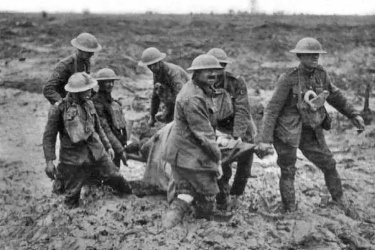 WWI stretcher bearers struggling in the mud of Flanders