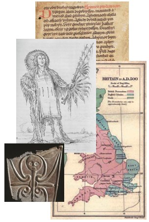 Collage: map of
                ancient Britain, manuscript, shield, Mandan indian