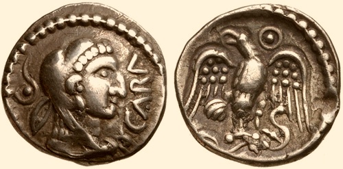 Photo of
                  both sides of a coin issued by Caratacos, with his
                  profile on the face.