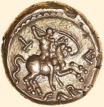Gold coin with Caratacos on horseback with spear
                  raised high.