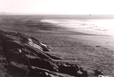 Man in distance, as fog burns off on beach