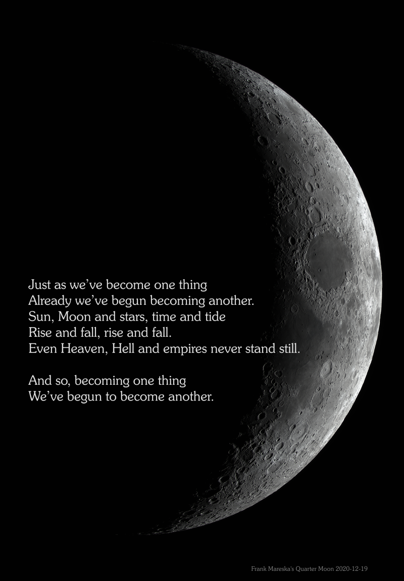 Closeup of the quarter Moon, with the poem inset