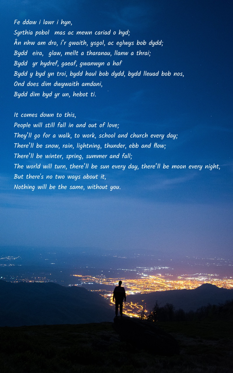 Poem with background of lone man looking out over a city at
        night