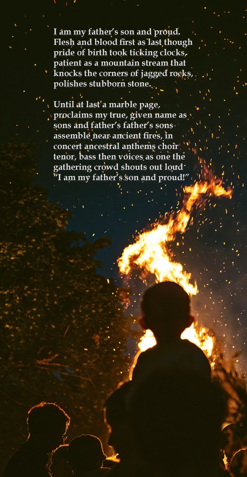 Child sits on father's shoulders watching a bonfire.