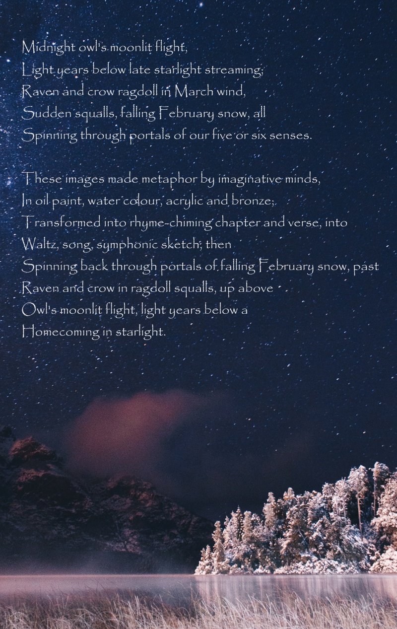 Starry sky, with a broad
          snow covered tree below and the text of the poem in the sky