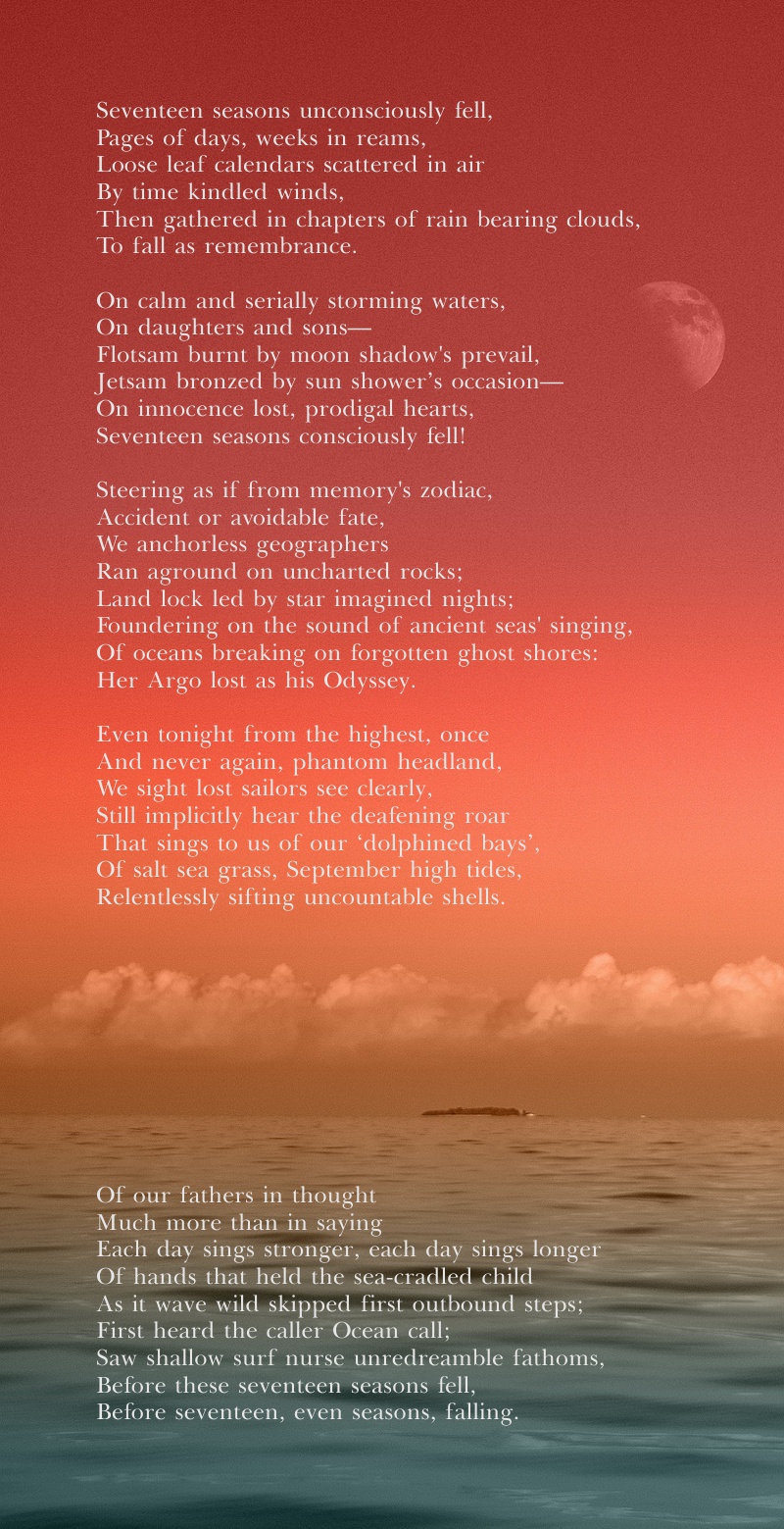 The
        poem overlaying a sunset photo of an island in the distance and
        a half moon